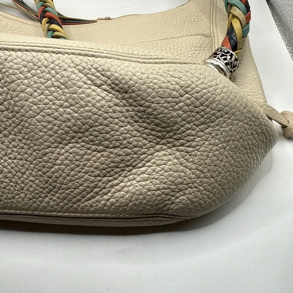 Brighton Ivory Pebbled Leather Hobo Shoulder Bag Multicolor Braided Strap...